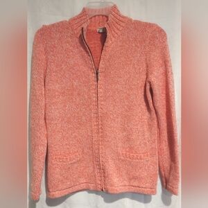 L.L. Bean Womens Medium Sweater Coral White Grandma Classic Cotton Cozy Chic